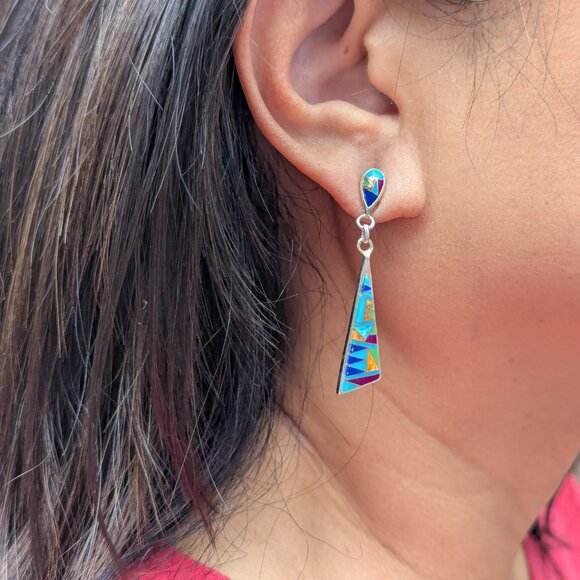 Handmade Native American Multi-Stones Dangle Earrings Sterling Silver Jewelry ** - Picture 5 of 11